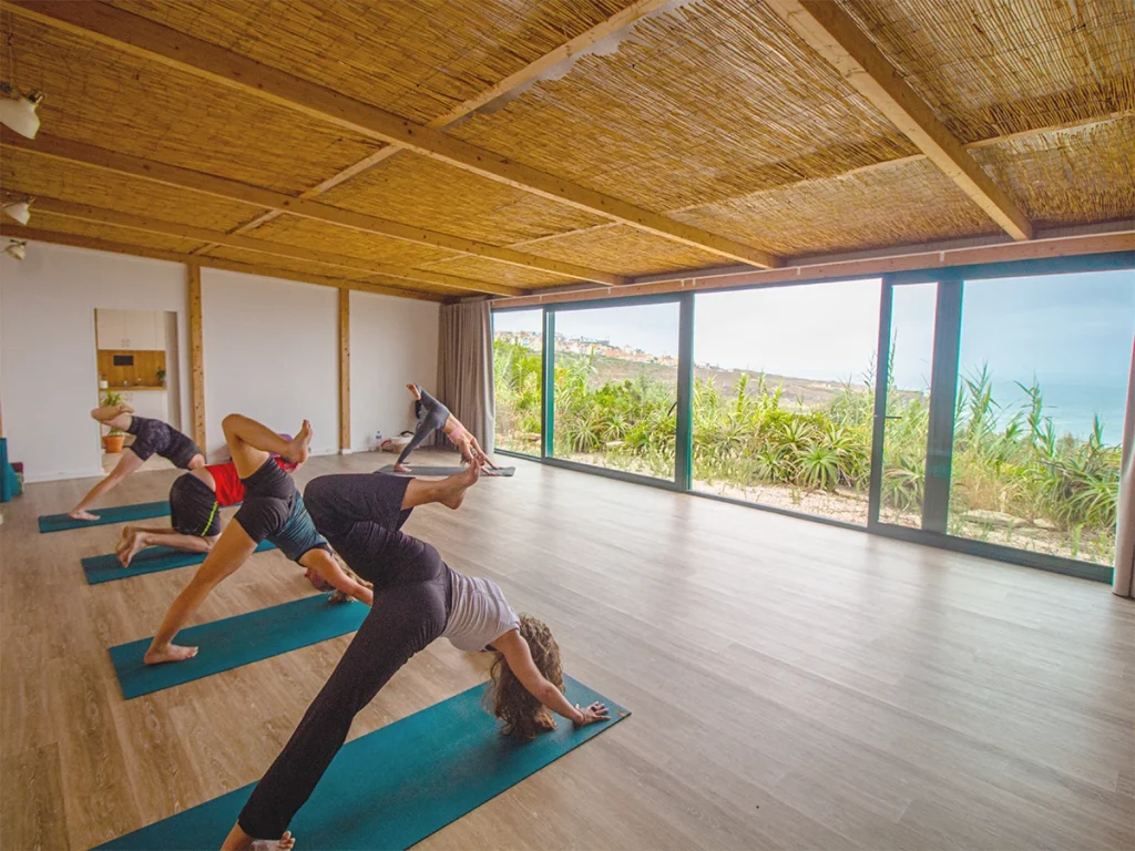 Yoga class practicing downward dog pose